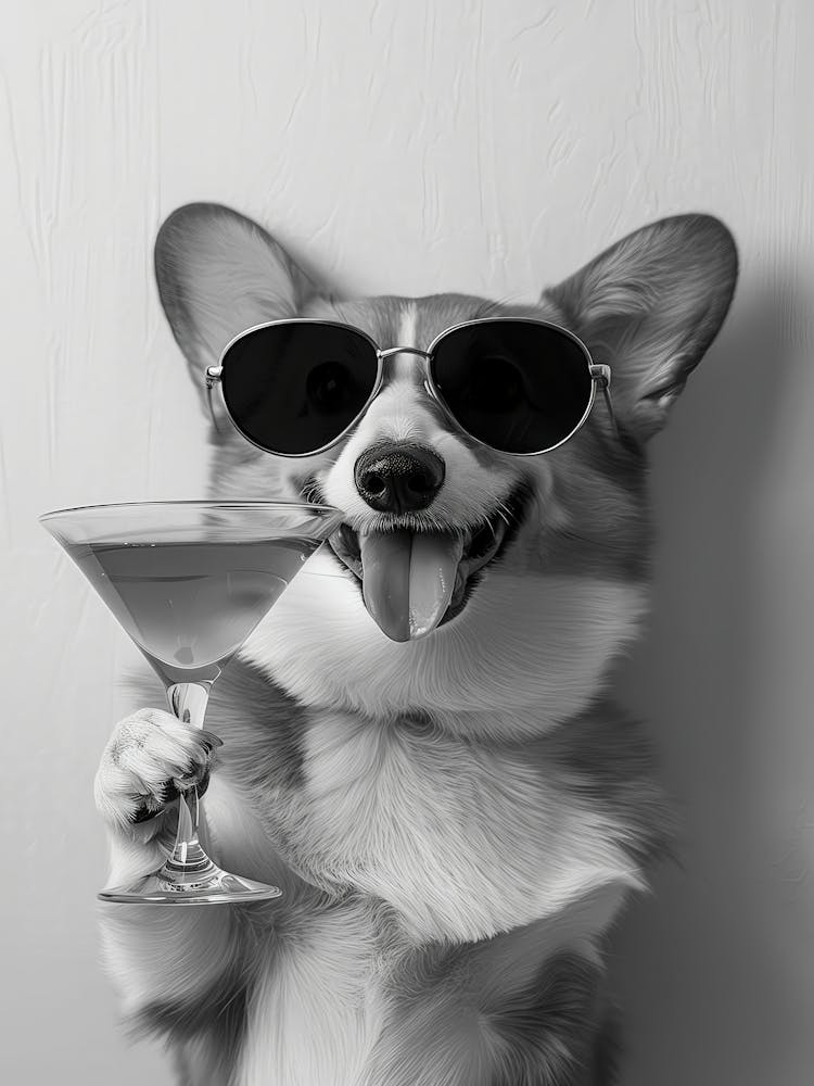 Corgi Holding Cocktail Wall Art, Black And White Print, Corgi Gift, Martini Alcohol Print, Funny Dog Poster, Bar Cart Decor