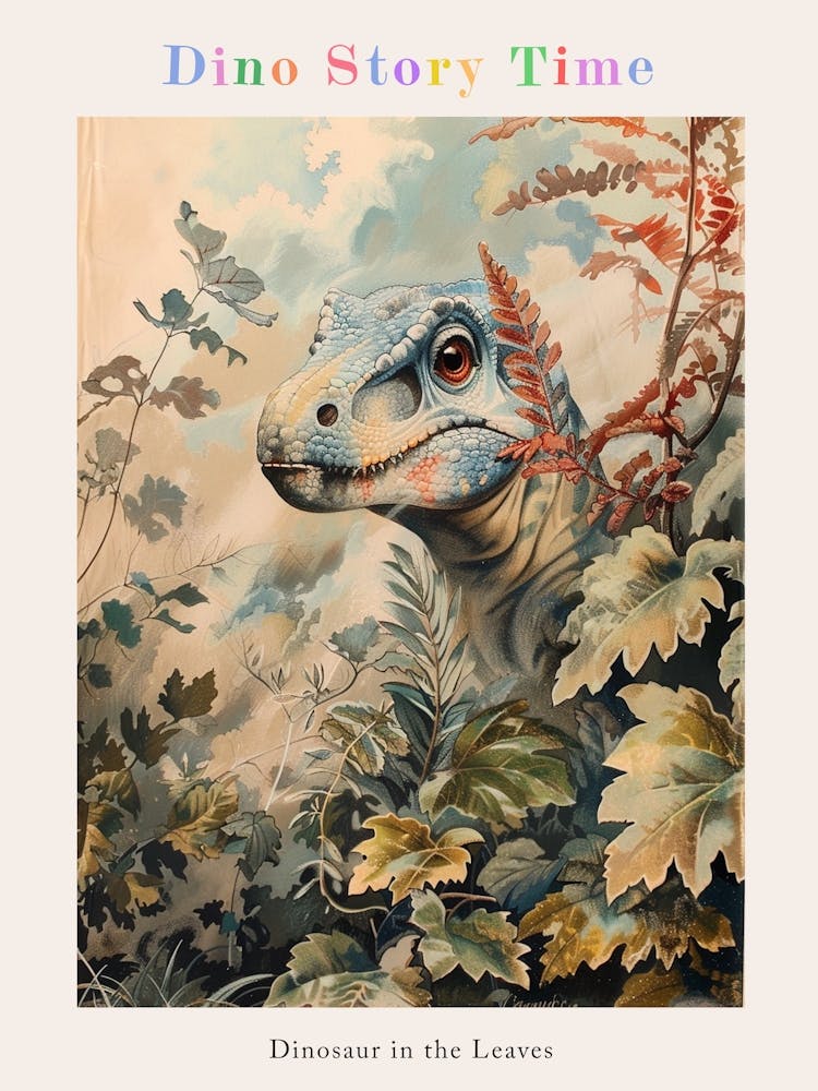 Dinosaur Looking Through The Leaves Affiche style livre de contes