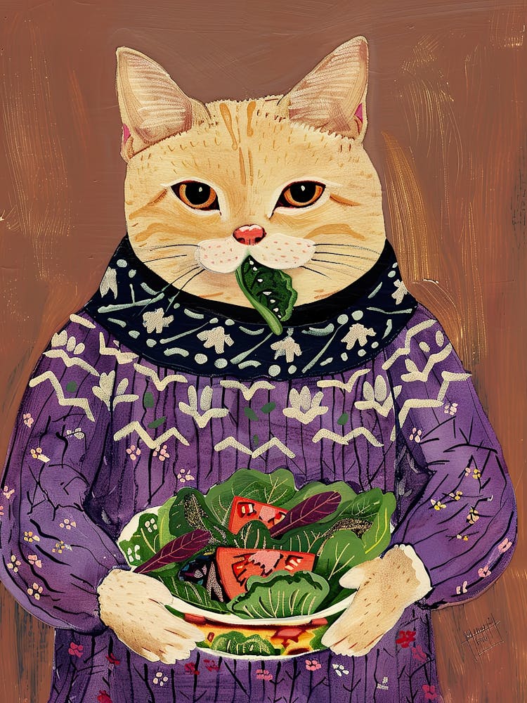 Cute Tan Cat Eating A Salad Folk Illustration 1