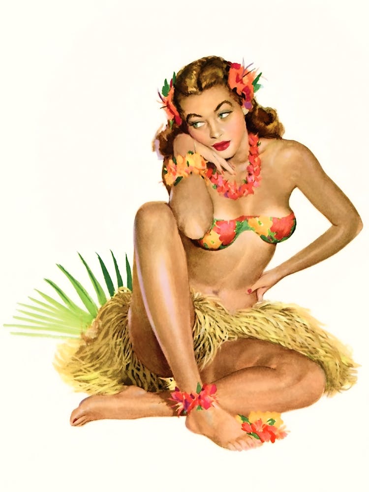 Pinup Girl Posing In Traditional Hawaiian Costume
