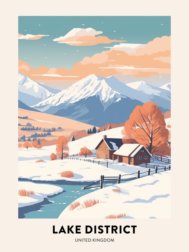 Vintage Winter Travel Poster Lake District United Kingdom 1