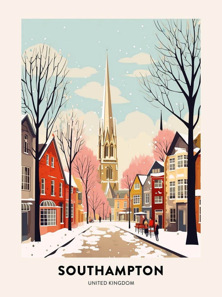 Vintage Winter Travel Poster Southampton United Kingdom 1