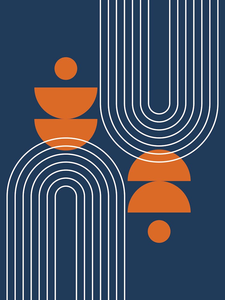 Modern Mid Century Sun, Moon Phases and Rainbow Abstract 29 in Navy Blue and Burnt Orange