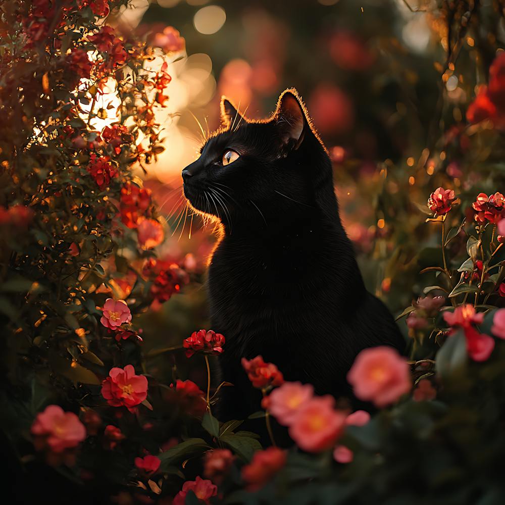 Black Cat in a Floral Sunset Garden 5