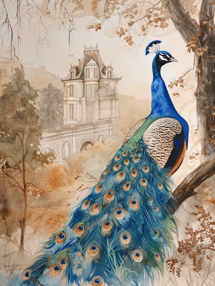 Peacock By The Castle Watercolour 2