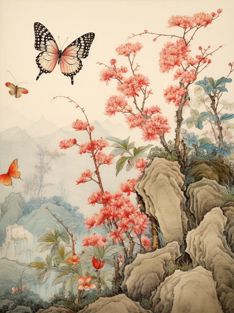 Schmetterlinge in Wildblumen Gemälde im japanischen Stil 9
