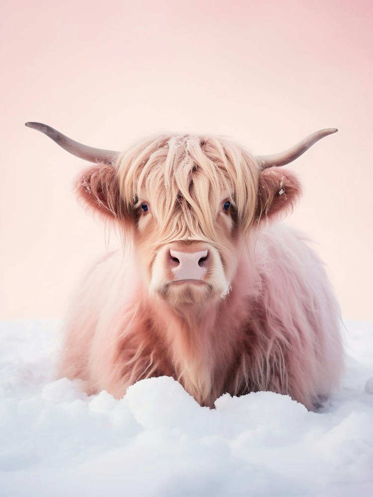 Vache Highland Rose Couchée Dans La Neige 1