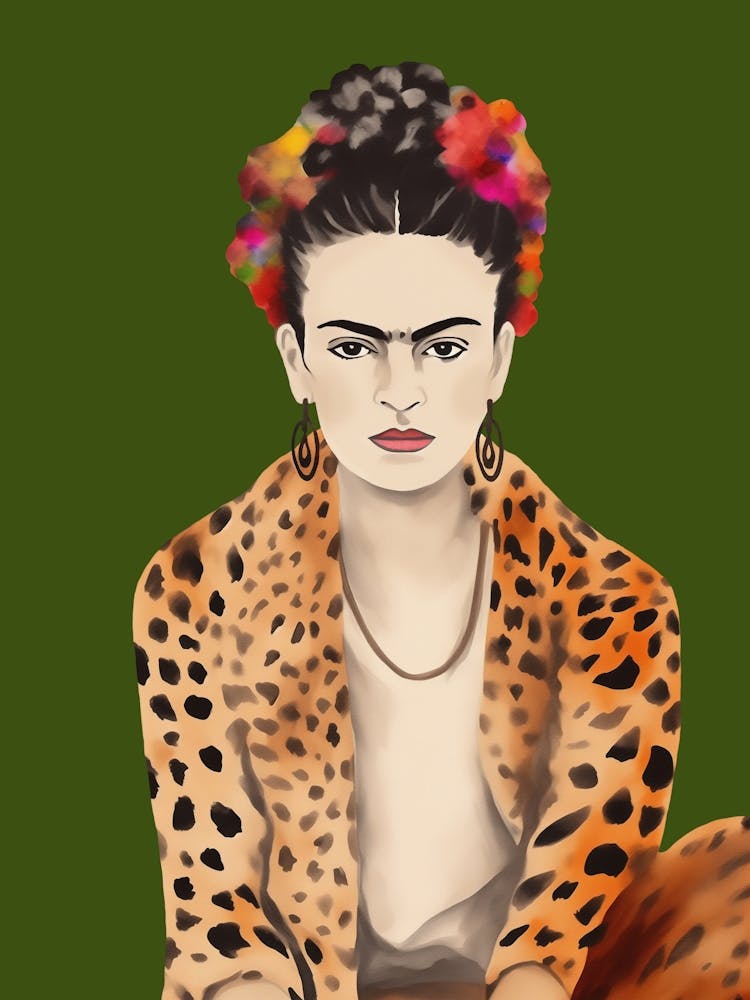 Frida Kahlo Imprimé Léopard, Vert, Art Créatif Minimaliste