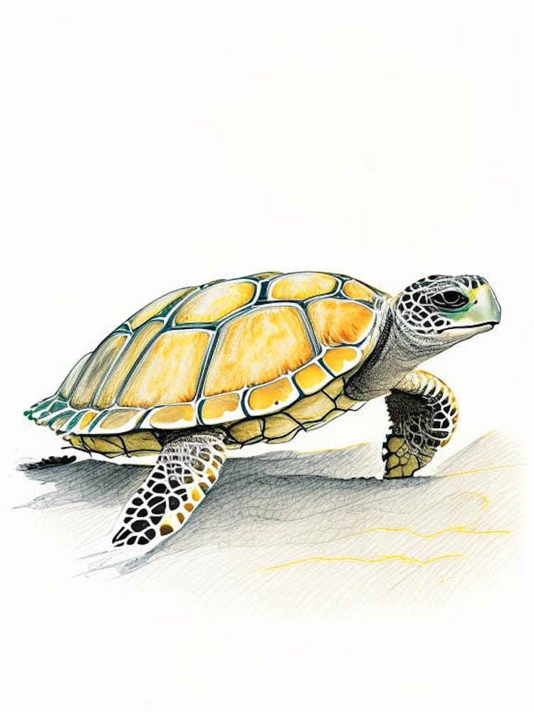 Hawksbill Sea Turtle (Eretmochelys Imbricata), Sea Turtle Pencil Illustration 1