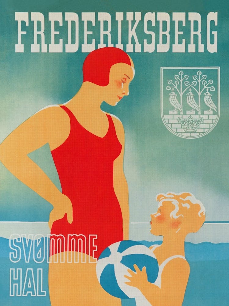 Fredriksberg Belgium, Mother and Son at Beach, Vintage Travel Poster