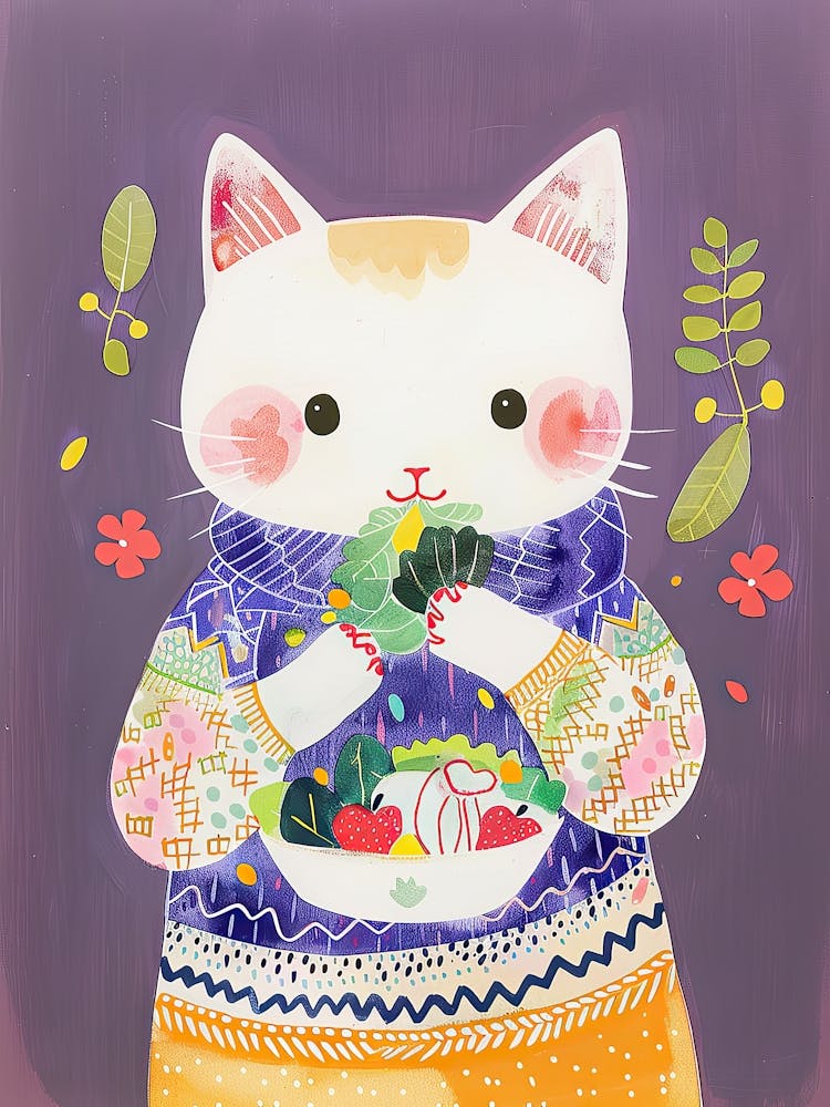 White Tan Cat Eating Salad Folk Illustration 2