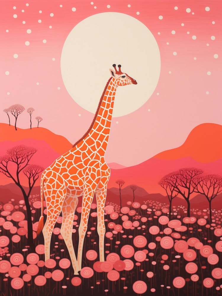 Giraffe With Trees In The Background Pink & Mustard 4