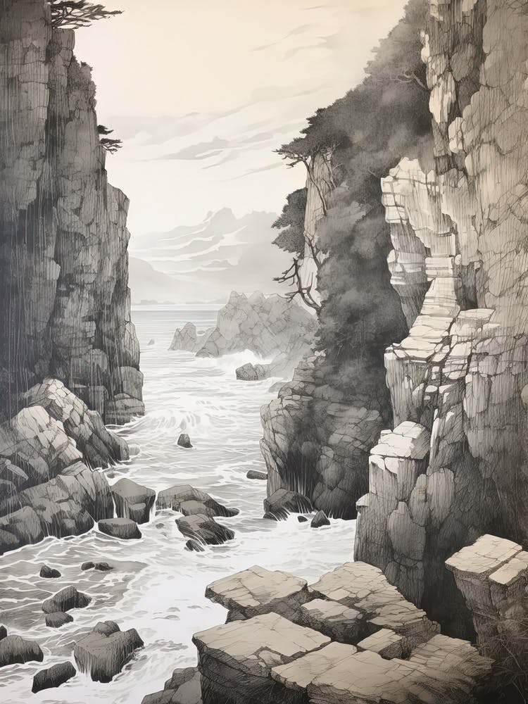 Tojinbo Cliffs In Fukui, Ukiyo E Black And White Line Art Drawing 3