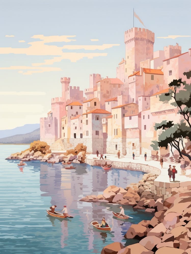 Korcula Kroatien 2 Vintage Rosa Reise Illustration