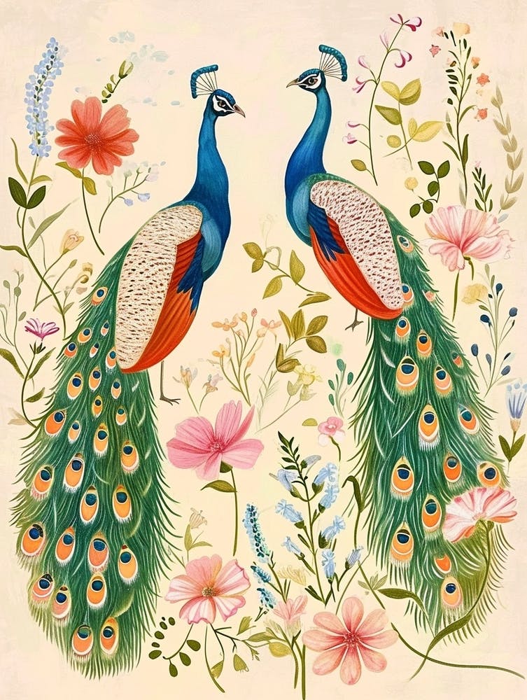 Folksy Floral Animal Drawing Peacock
