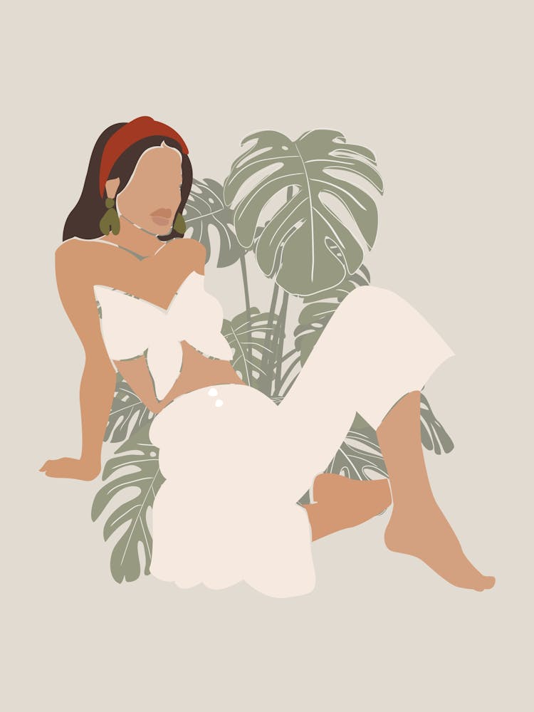 Faceless Brunette Woman Portrait | Boho Mid Century Modern Monstera Leaf