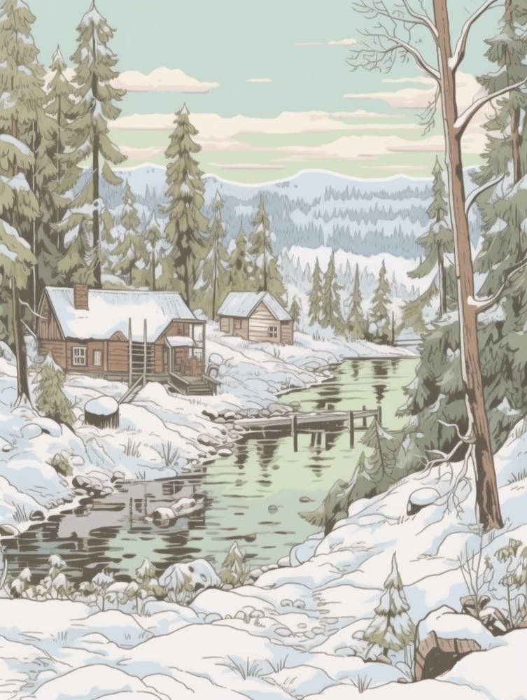 Vintage Winter Illustration Lapland Finland 1