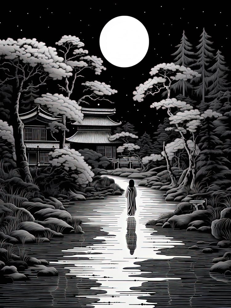 Rikugien Garden In Tokyo, Ukiyo E Black And White Line Art Drawing 4