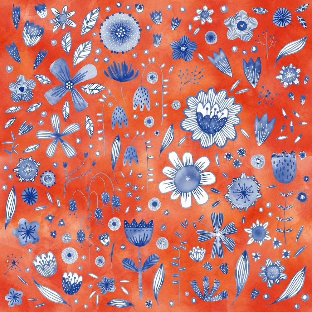 Indigoblaue Blumen auf korallenorangem Hintergrund