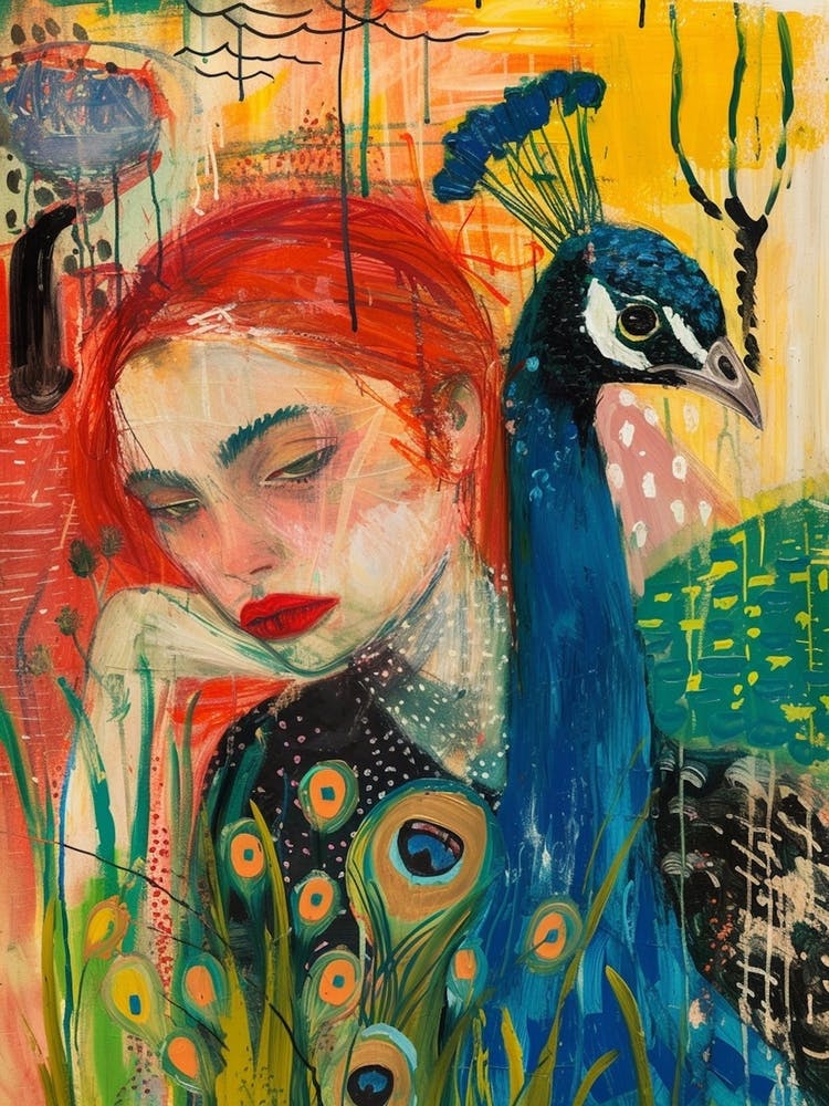 Peacock & Red Haired Woman Mixed Media