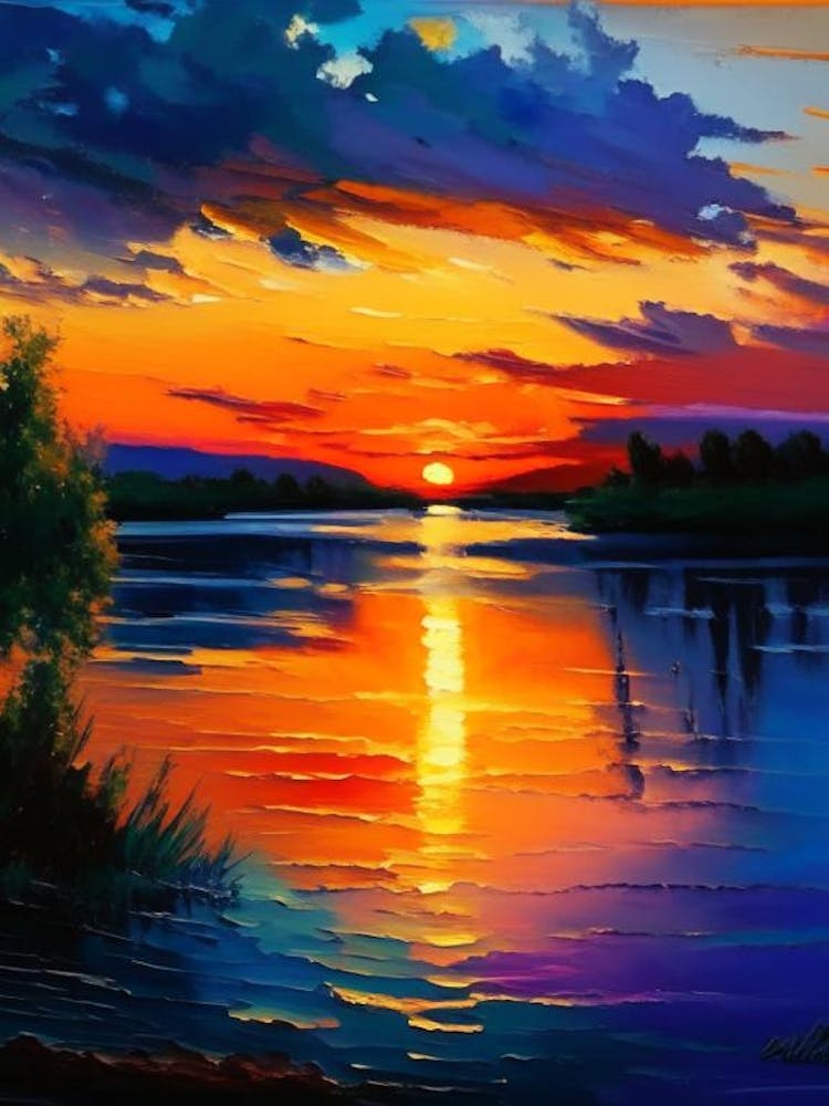 Sunset Over Lake Waterscape Impressionism 1