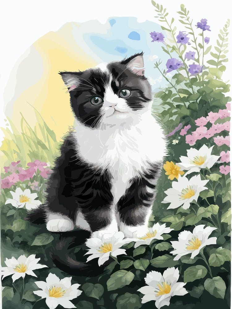 Cute Kitten And Flowers Watercolor