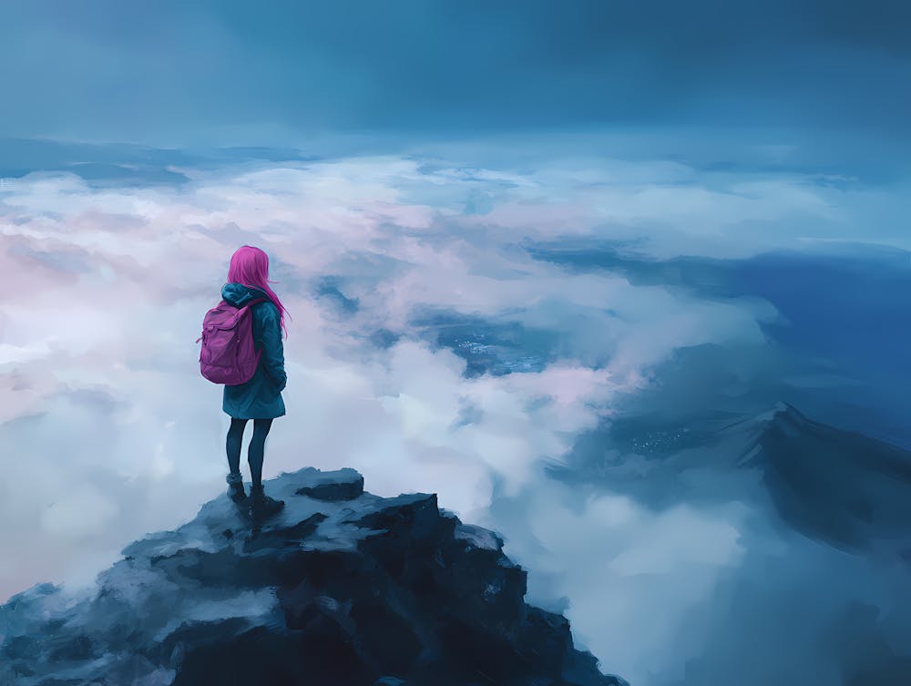Girl Standing On Top Of A Mountain