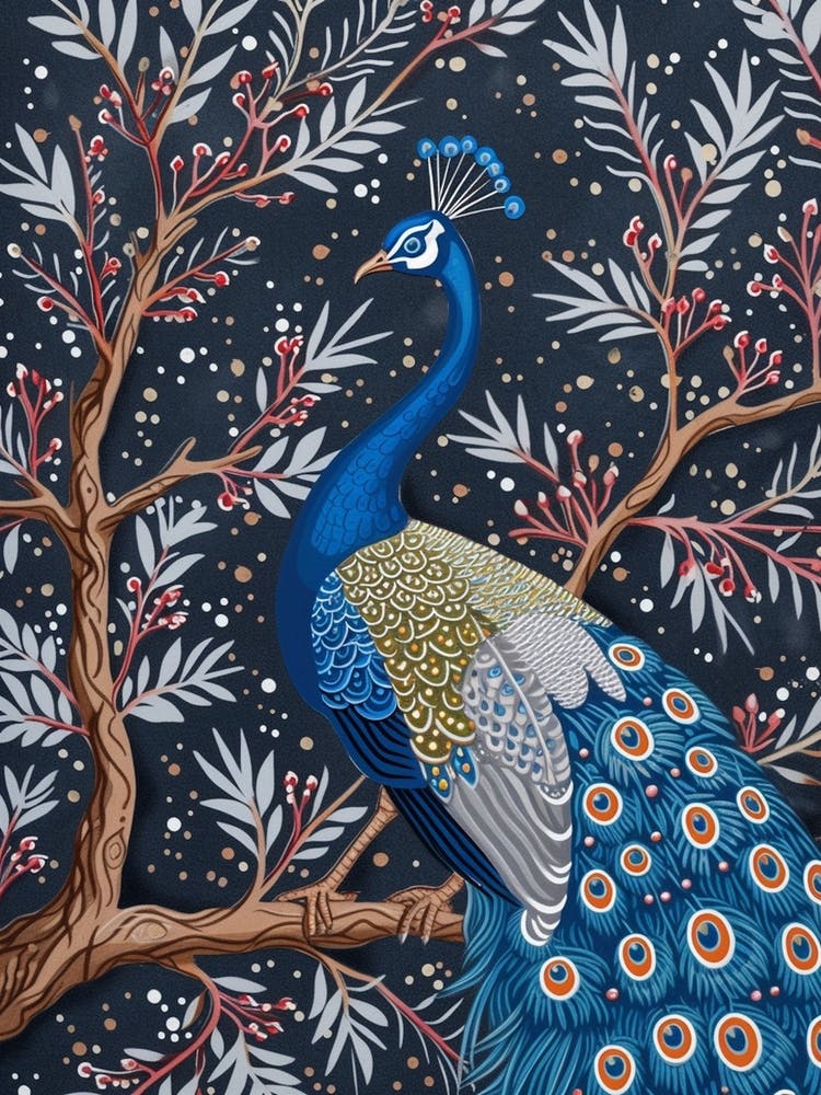 Folky Floral Peacock On A Tree Branch 3