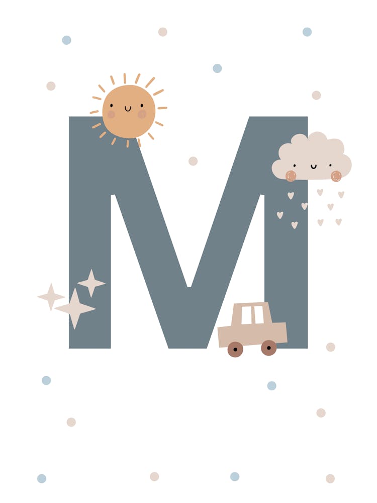 Letter M Print – Alphabet Nursery Wall Art, Scandinavian Kids Room Decor, Personalized Initial Poster