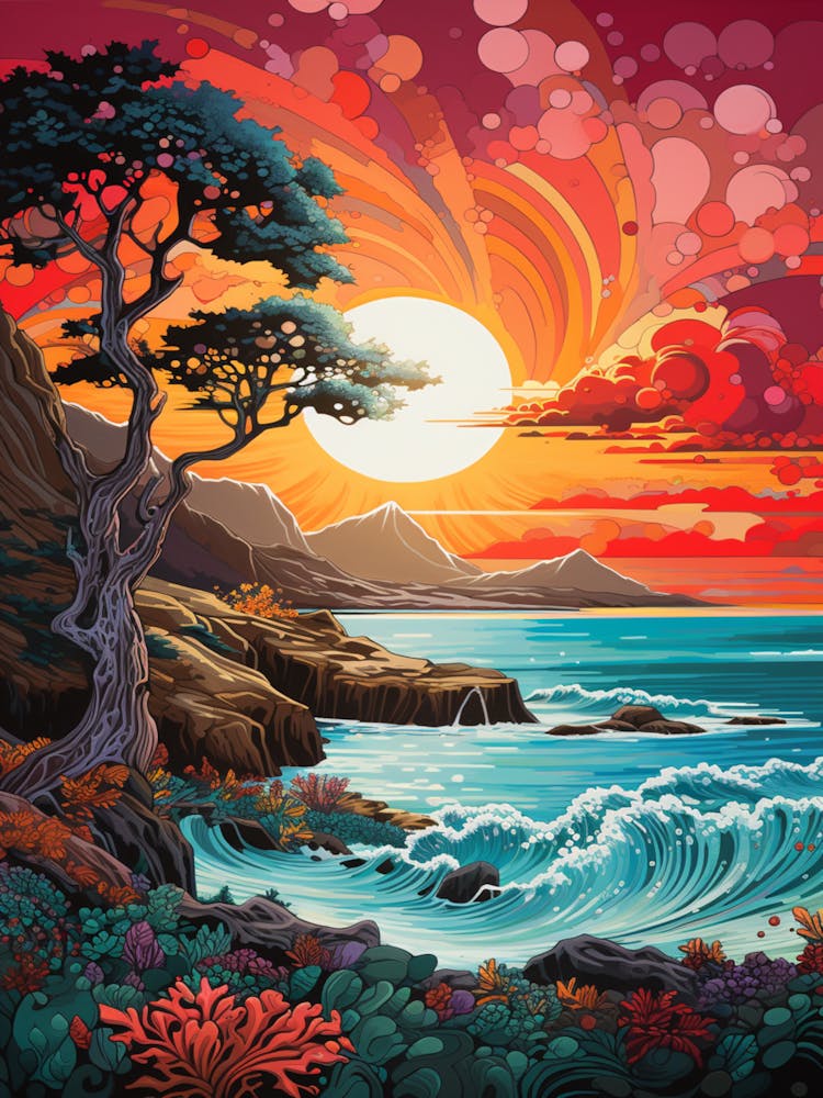 Coral Beach Australia At Sunset, Vibrant Painting 9