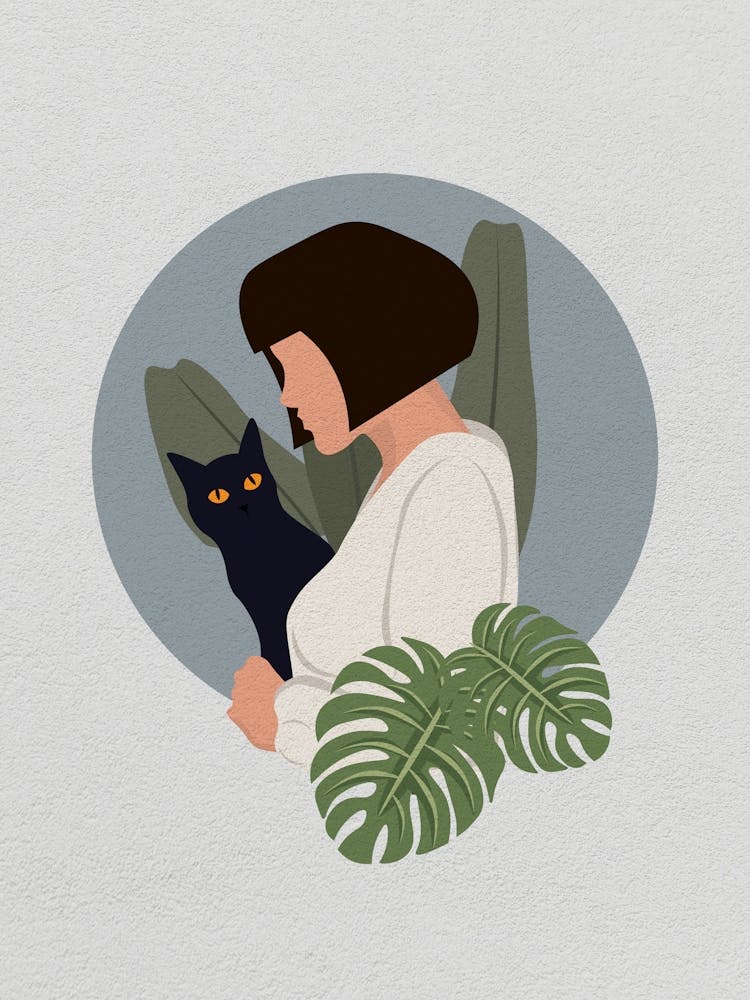 Minimal art Woman With A Cat and monstera leaves