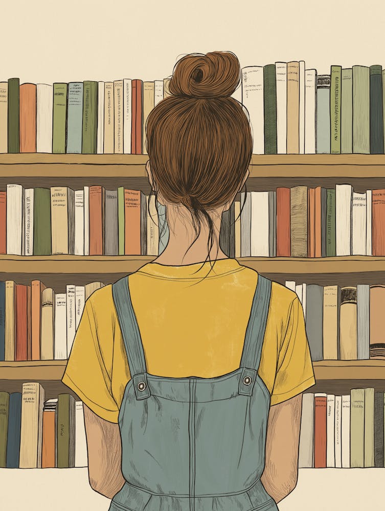 A Book Shelf Full Of Colorful Books Cute Illustration Style A Girl With Her Back Turned Wearing Overalls Stands Behind The Shelves Looking Up To Them A Yellow T Shirt Underneath