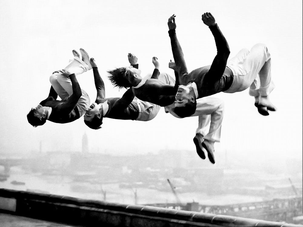 Backflipping on Roof, Back and White Vintage Old Photo