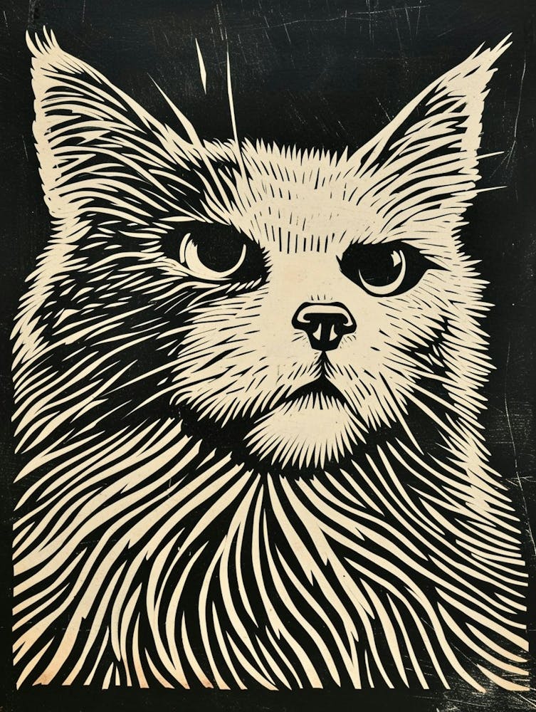 Turkish Angora Cat Linocut Blockprint 7