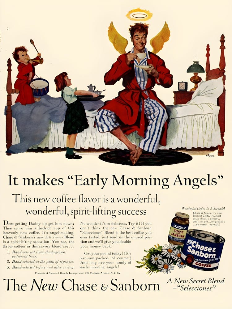 Kaffee, Der Einen Frühmorgen-Engel Macht, Junger Papa mit Lauten Kindern, Lustige Vintage-Werbung