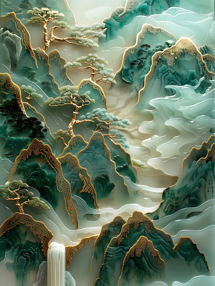 Gold Inlaid Jade Carving Landscape 3