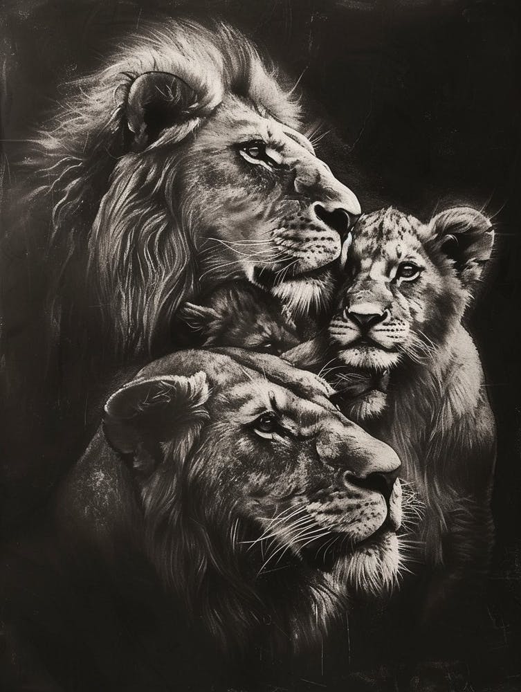African Lion Charcoal Drawing Family Bonding 3