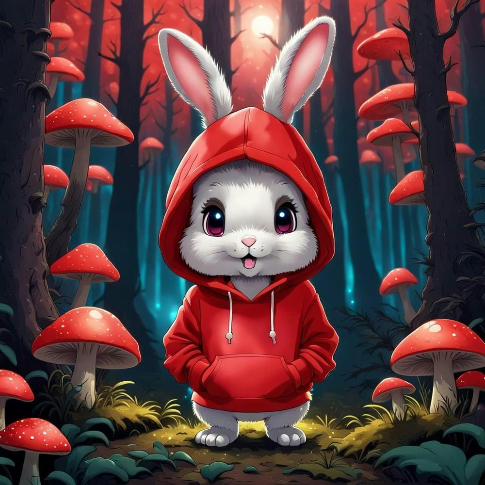 Cartoon Rabbit in a Mushroom Forest