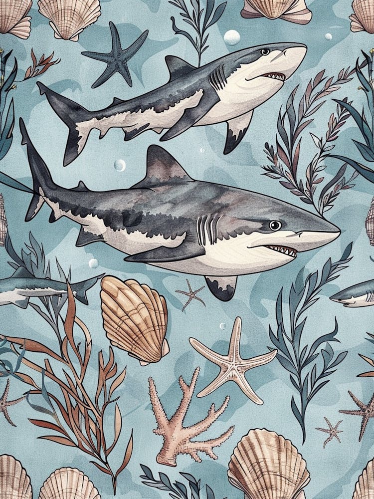 Pastel Blue Blacktip Reef Shark Watercolour Seascape Pattern 1