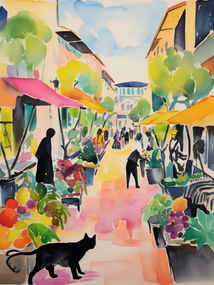 Food Market With Cats In Saint Tropez 4 Watercolour