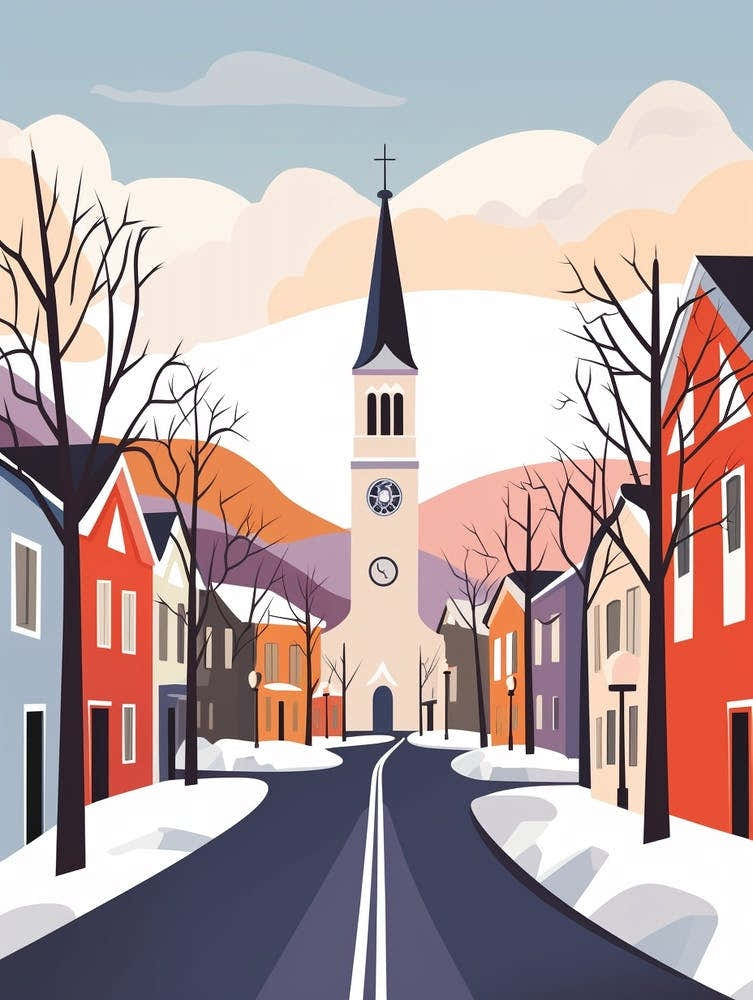 Vintage Winter Travel Illustration Reykjavik Iceland 4