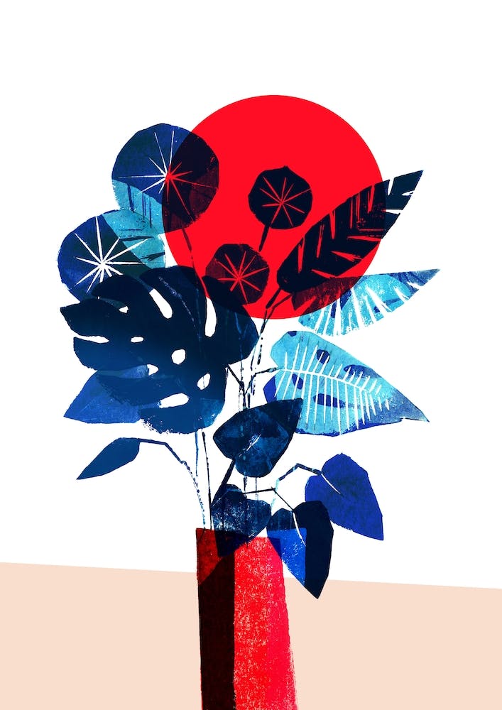 Blue Flowers In Red Vase