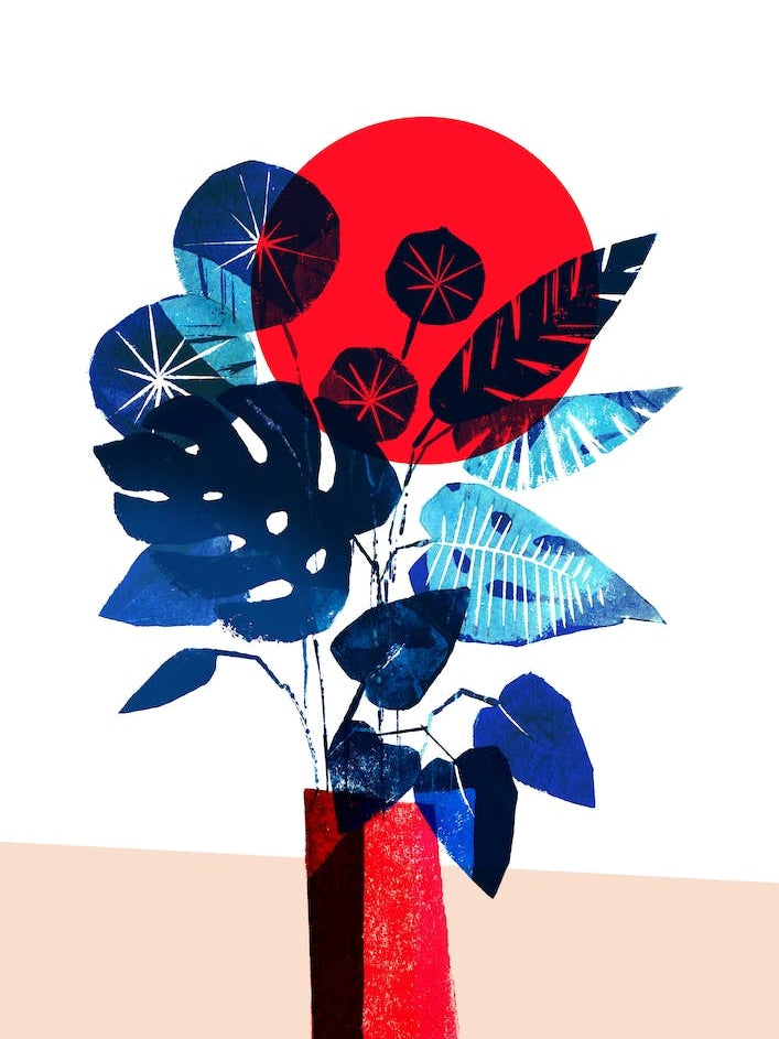 Blue Flowers In Red Vase
