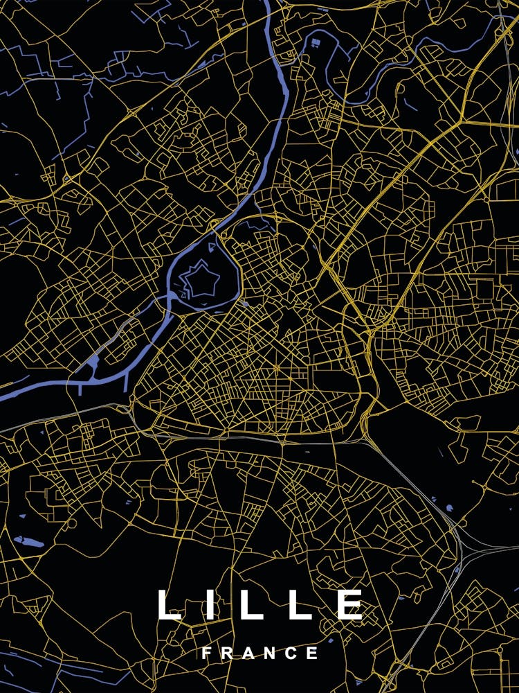 Lille France City Map Black and Gold