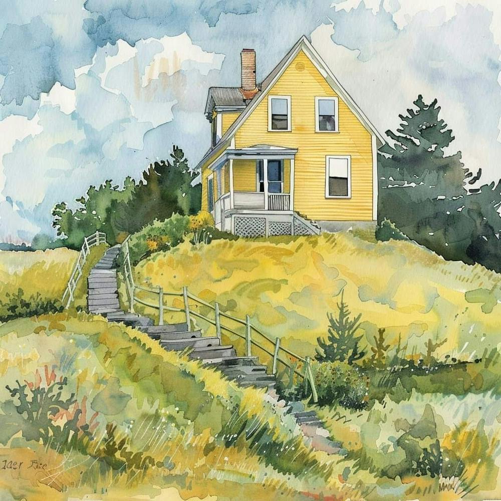 Path up to the Old Yellow Farmhouse Watercolor Scenery ~ Americana Vintage Wholesome Art Decor | Dreamy Idyllic