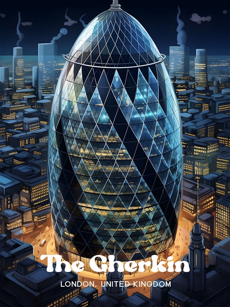 The Gherkin London United Kingdom Nighttime Travel Art