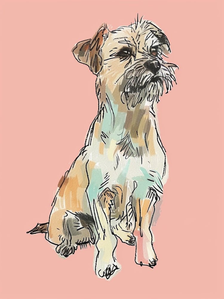 Border Terrier Dog Pastel Line Watercolour Illustration  1