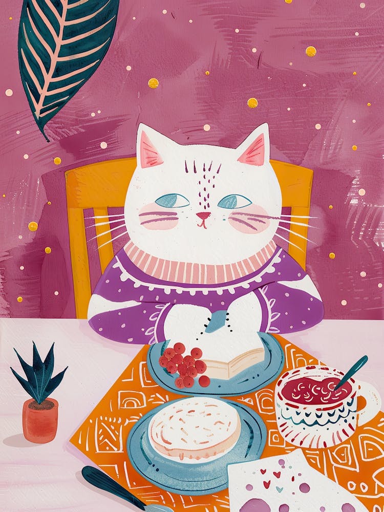 White Cat Having Breakfast Folk Illustration 2