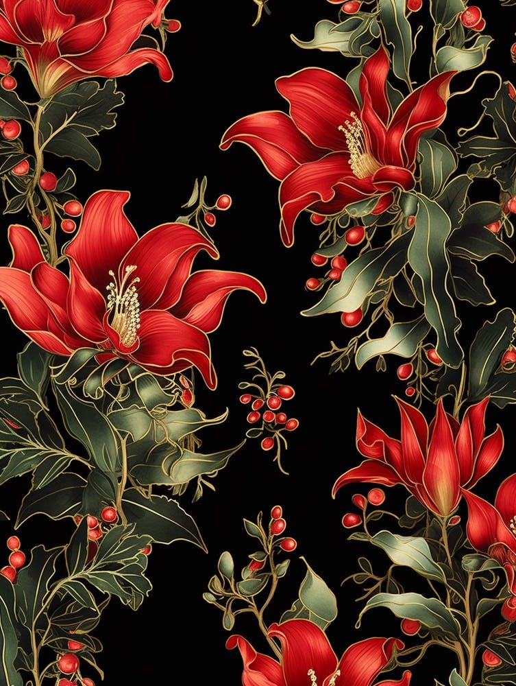 Christmas Cactus 3 William Morris Style Winter Florals