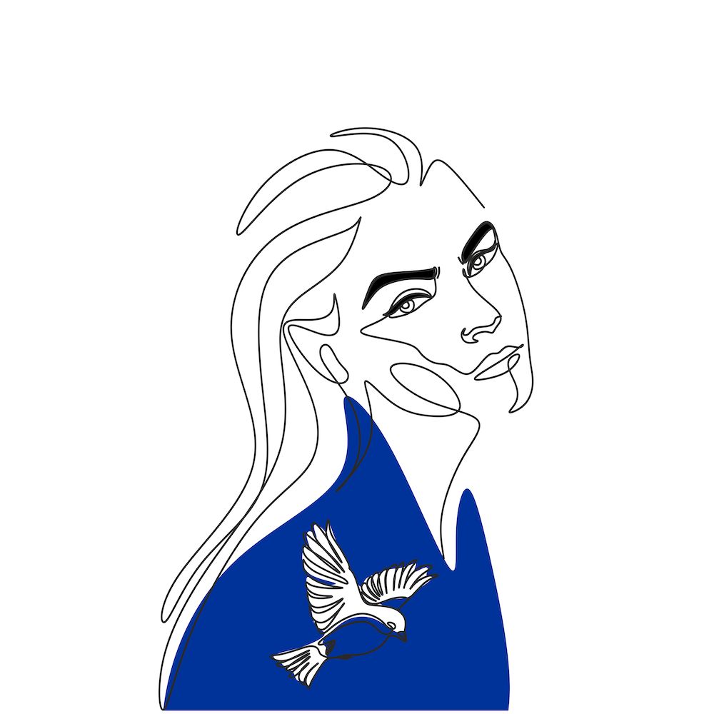Woman with Bird Blue Line Print